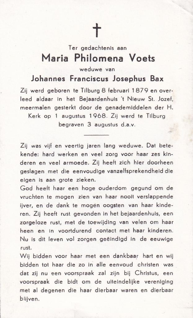 Voets  Maria 1879  Tilburg 1968, Ophalen of Verzenden, Bidprentje