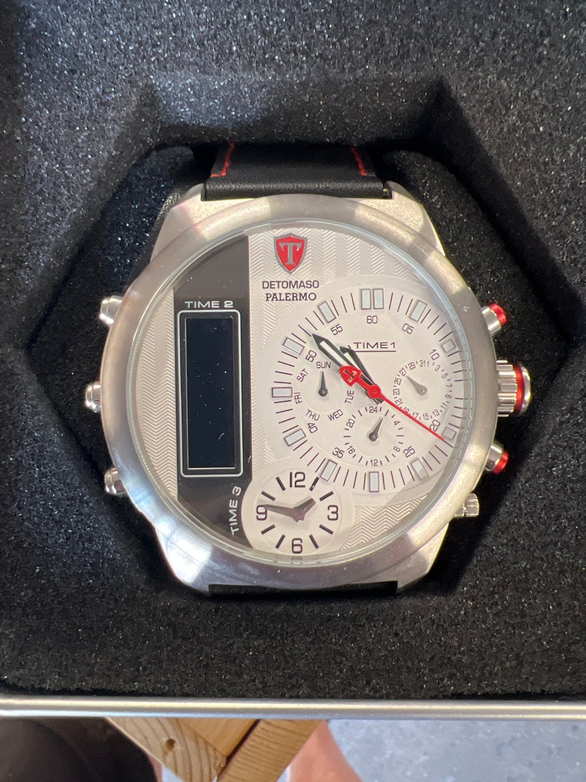 DETOMASO PALERMO Multiple-Time Herenhorloge - Zilver/Zwart, Leer, Staal, Polshorloge, Nieuw