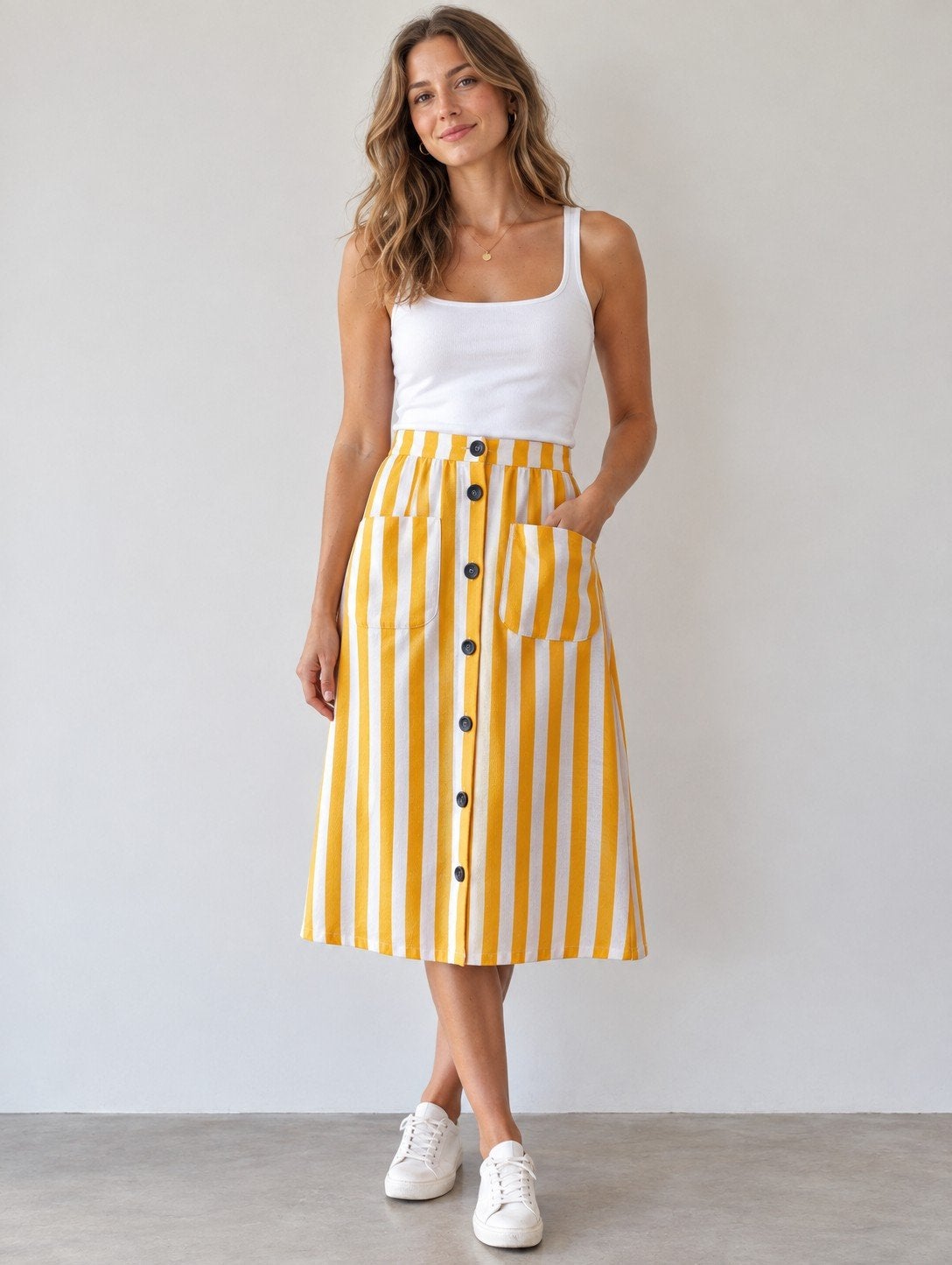 Gestreepte midi-rok met knopen - Only, Kleding | Dames, Only, Geel, Ophalen of Verzenden, Zo goed als nieuw
