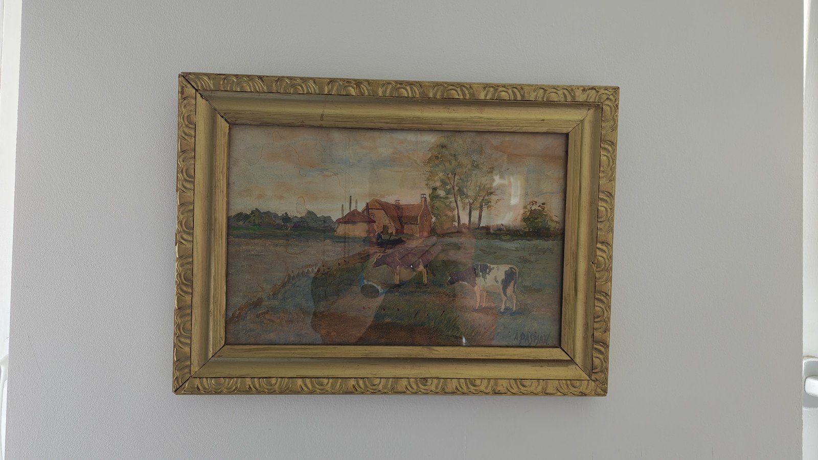 Oud schilderij: Landschap met koeien en boerderij, A.Pasman, Ophalen