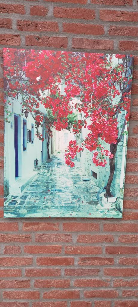 Schilderij Grieks Straatje met Bougainville, Ophalen of Verzenden, Zo goed als nieuw, 50 tot 75 cm, Print