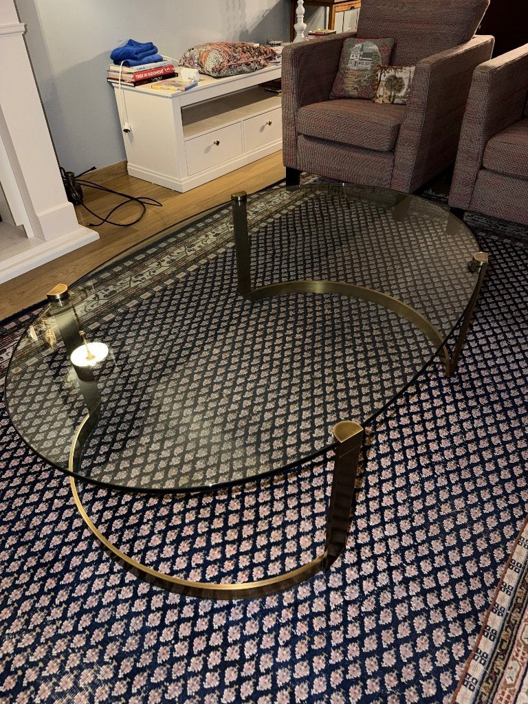 glazen salontafel messing/brons frame, Ophalen, 100 tot 150 cm, 50 tot 100 cm, Zo goed als nieuw