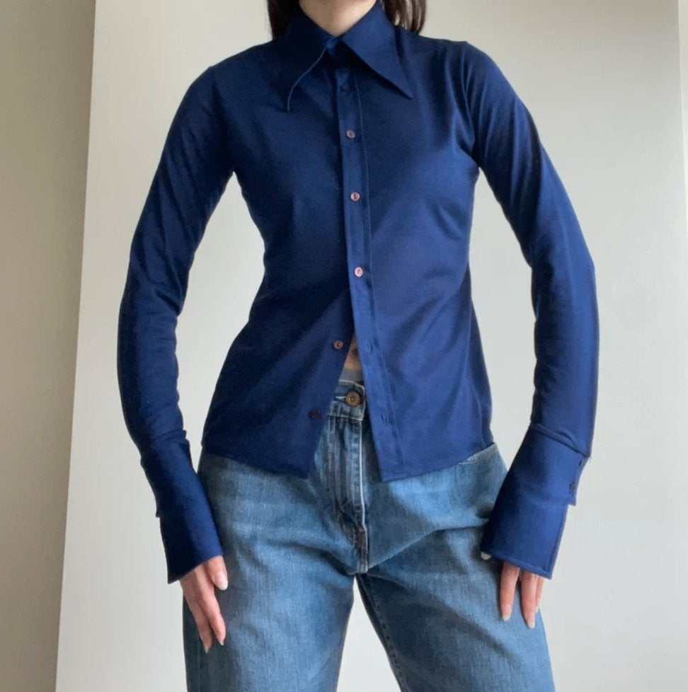 Vintage navy semi sheer fitted button up size 36/38 top, Blauw, Ophalen of Verzenden, Vintage, Lange mouw