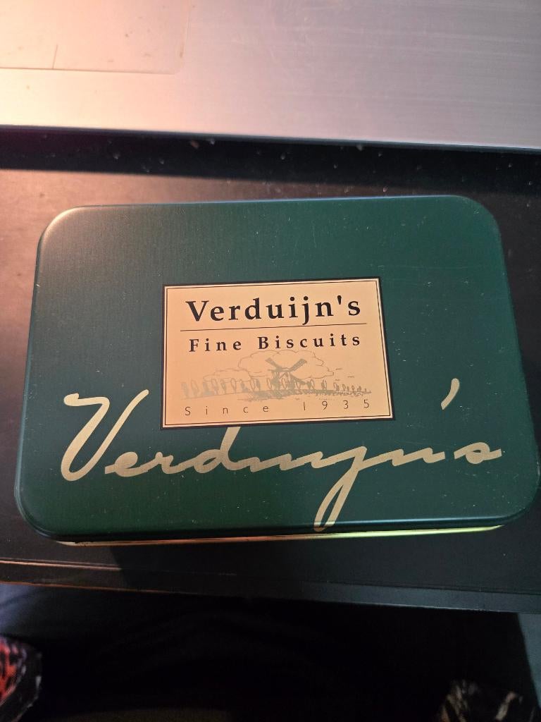 Blikje van Verduijn's Fine Biscuits, 13.5 x 9.5 x 5.7 cm, Verzamelen, Blikken, Ophalen, Gebruikt, Koek(jes), Overige merken