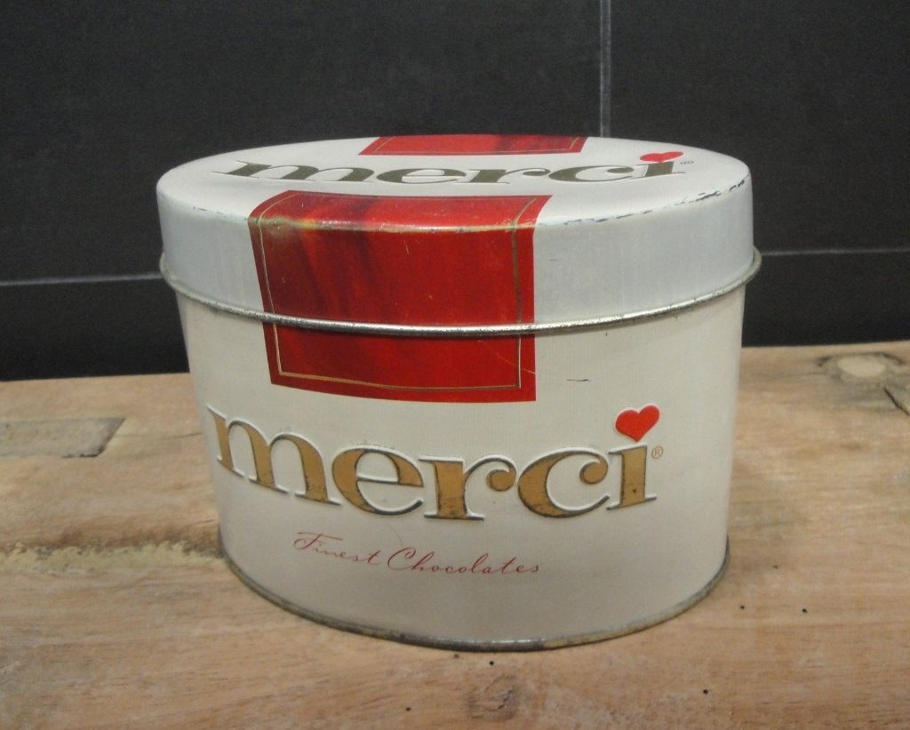 LEUK VINTAGE "MERCI FINEST CHOCOLATES" BLIK, Ophalen of Verzenden, Gebruikt, Overige, Overige merken