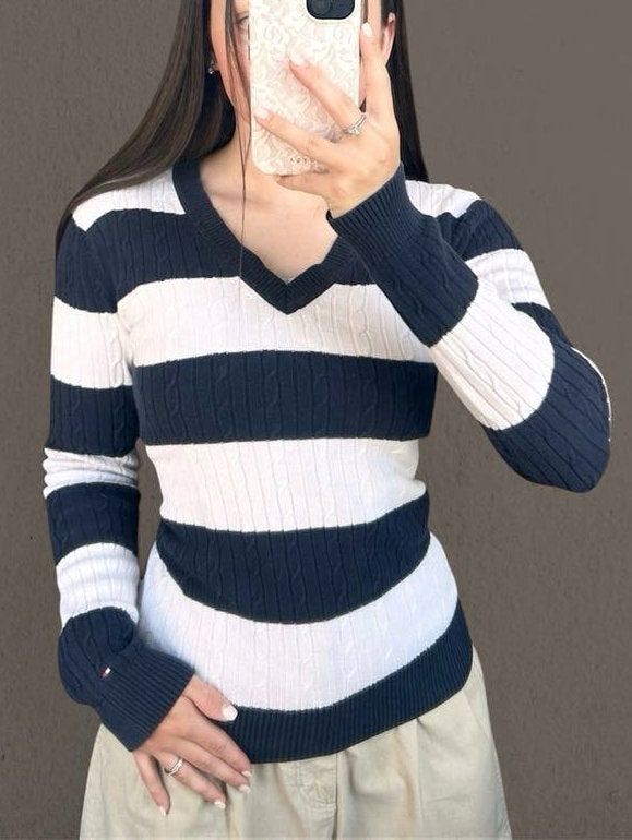 Tommy Hilfiger gestreepte V-hals trui, Kleding | Dames, Truien en Vesten, Ophalen of Verzenden, Zo goed als nieuw, Maat 36 (S)