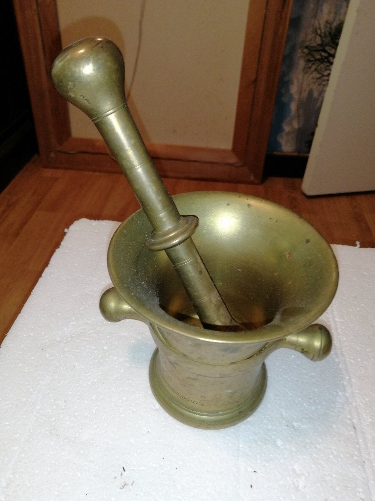 Antiek zwaar bronzen vijzel met stamper, 12x13cm, Ophalen of Verzenden, Koper