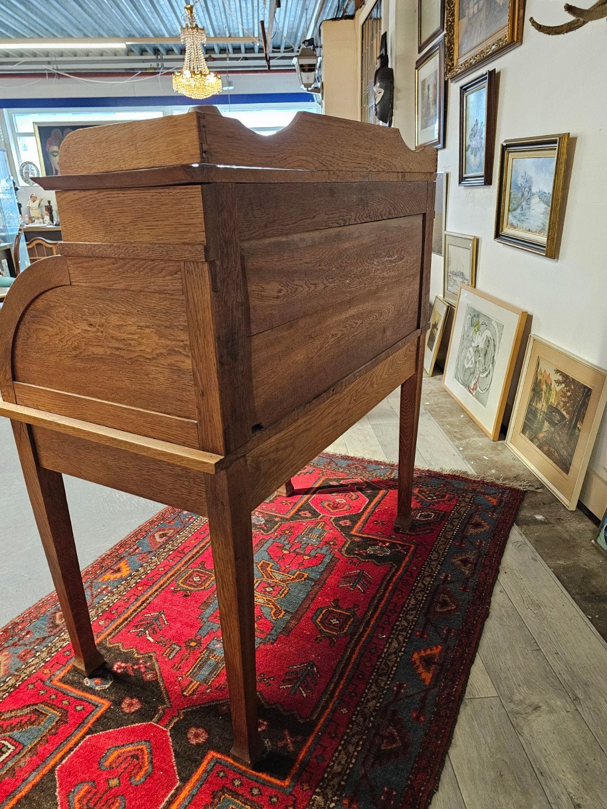 Antieke eikenhouten secretaire met rolluik - 125x110x63 cm, Met lades, Gebruikt, Hout, Secretaire