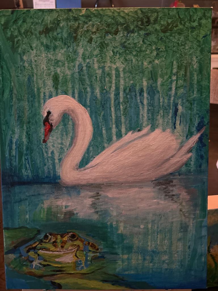 Zwaan en Kikker aan het water - Handgeschilderd, Antiek en Kunst, Kunst | Schilderijen | Klassiek, Ophalen of Verzenden