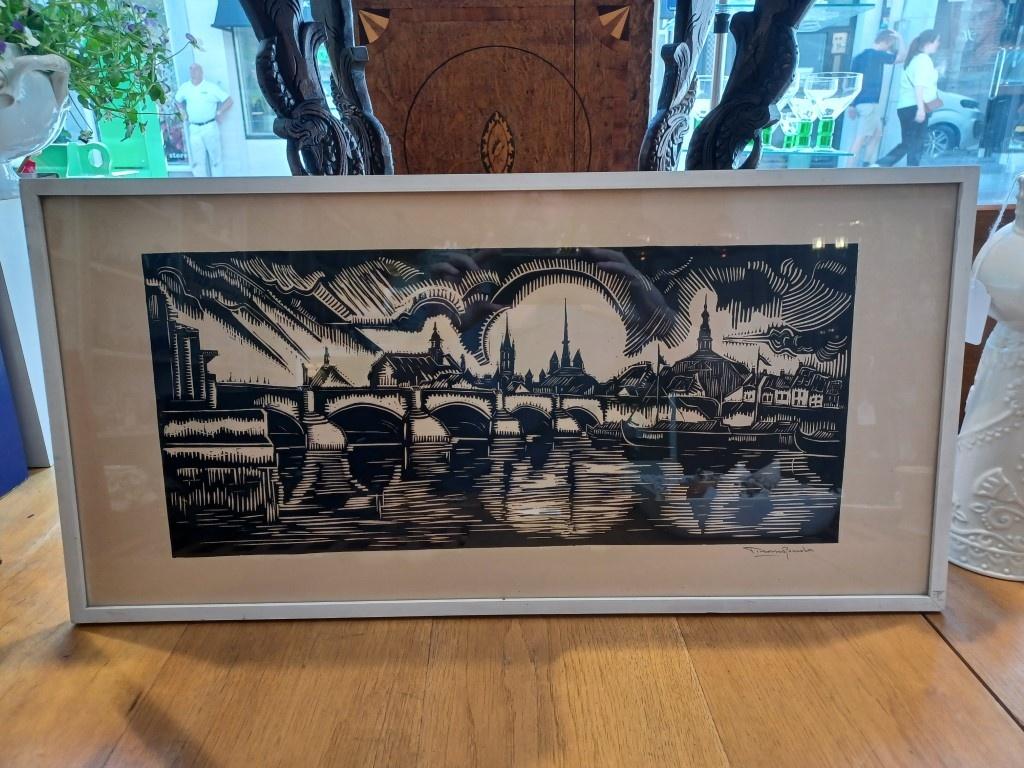 Lino van de oude Wilhelminabrug  Frans Ronda, Antiek en Kunst, Ophalen of Verzenden