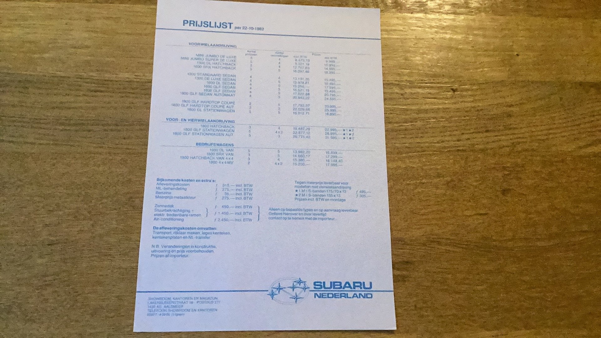 Subaru Prijslijst 1985 - Origineel Document, Ophalen of Verzenden, Gelezen, Overige merken