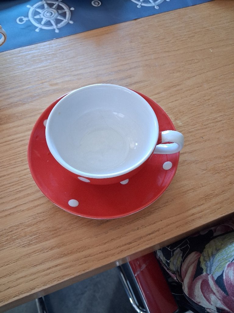 Spiegelburg Garden kop en schotel rood met stippen, Ophalen, Overige merken, Keramiek, Zo goed als nieuw
