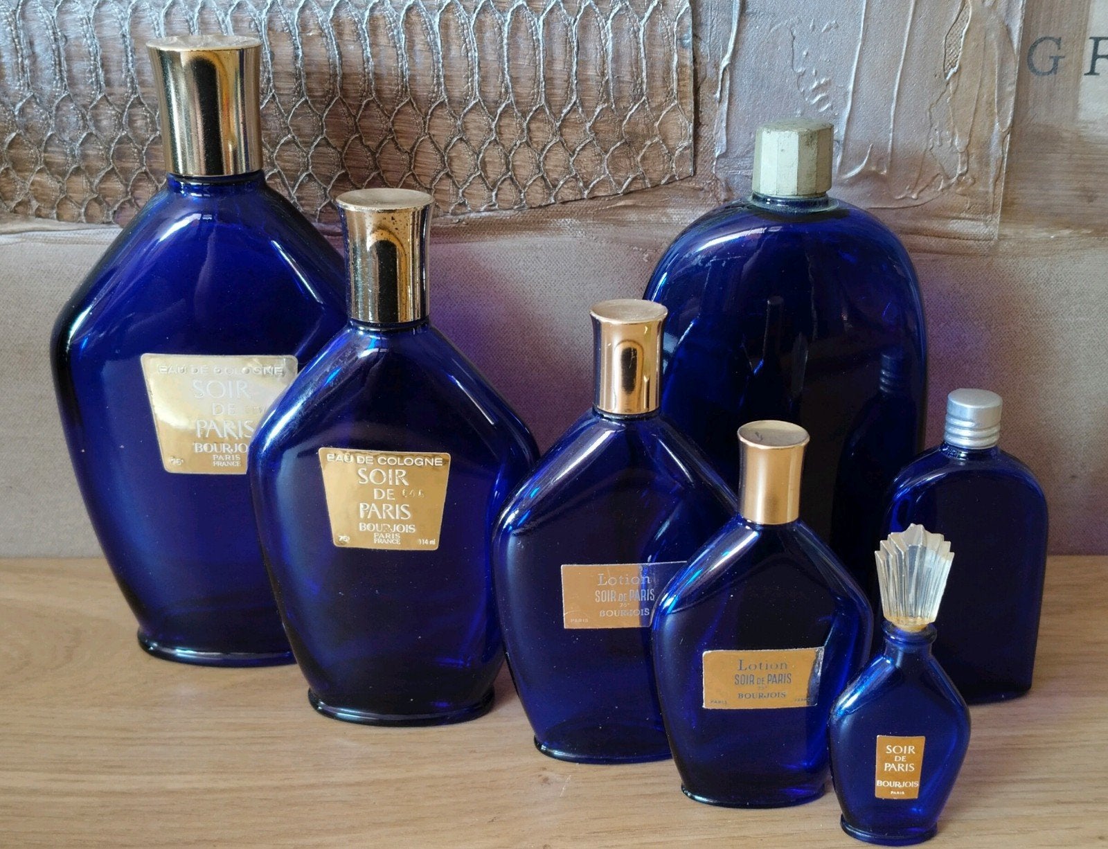 7 Vintage Soir de Paris Bourjois flessen - diverse maten, Verzenden, Gebruikt, Parfumfles