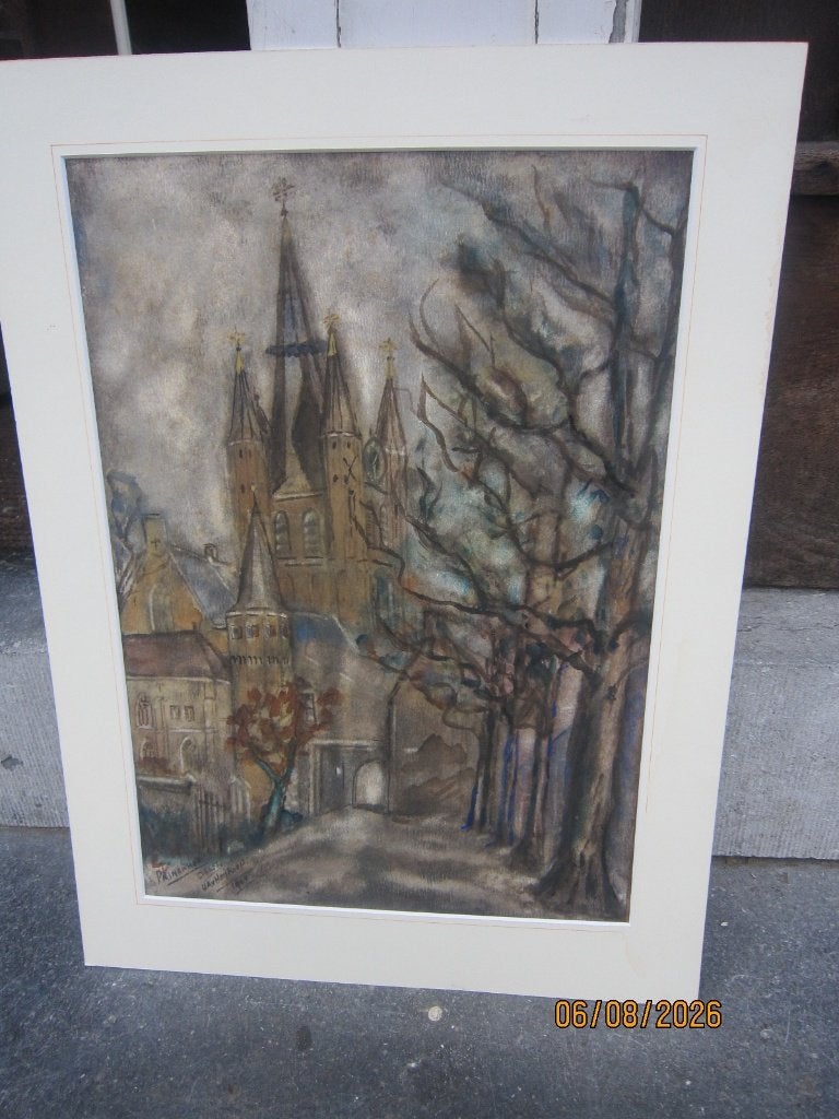 DELFT, Mooie Losse aquarel v/h Prinsenhof, Van Heijkoop, Antiek en Kunst, Ophalen, Stadsgezicht, Overige technieken, 1950 - 1999
