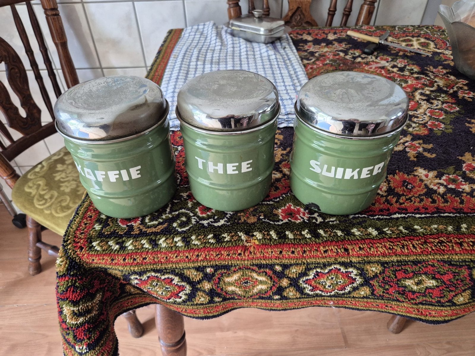 Vintage voorraadblikken: Koffie, Thee, Suiker (groen), Ophalen