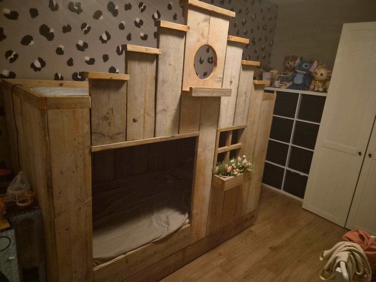 Steigerhouten bedstee stapelbed met ladder, Ophalen, Gebruikt, Eenpersoons, Overige maten