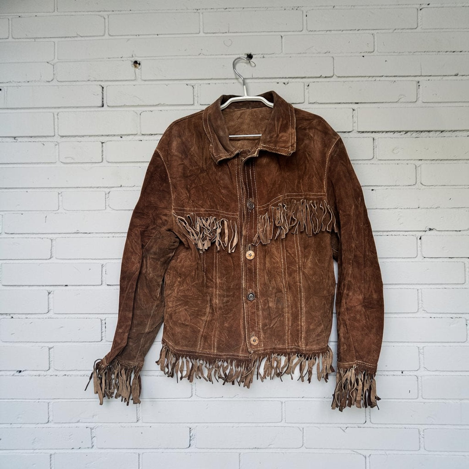 Vintage Jas XL Bruin Suède Leer Franjes Cowboy Western Style, Bruin, Verzenden, Maat 46/48 (XL) of groter, V