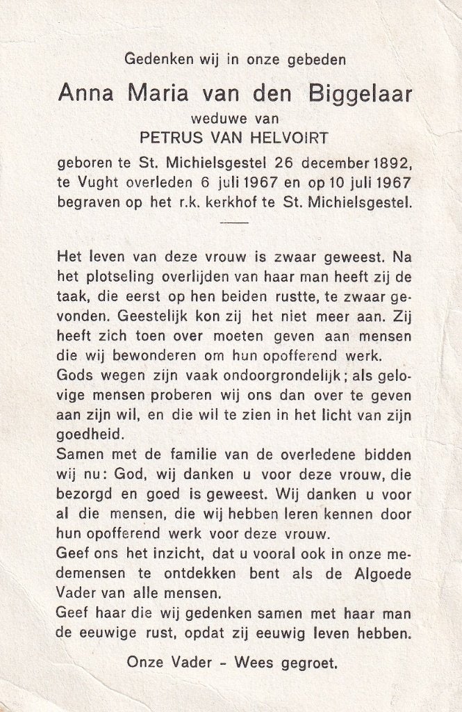 Biggelaar Anna 1892 St. Michielsgestel 1967 Vught, Ophalen of Verzenden, Bidprentje