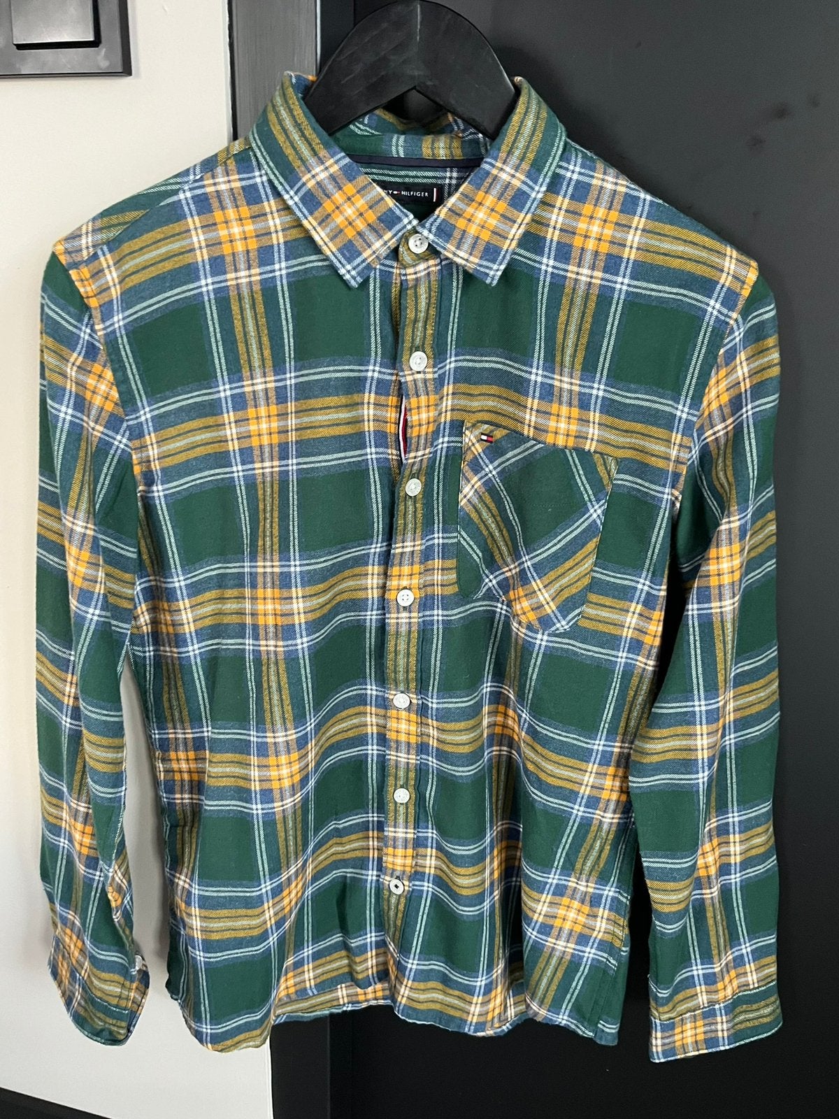 Tommy Hilfiger ruit overhemd groen geel blauw 164, Ophalen of Verzenden, Zo goed als nieuw, Jongen, Overhemd of Blouse