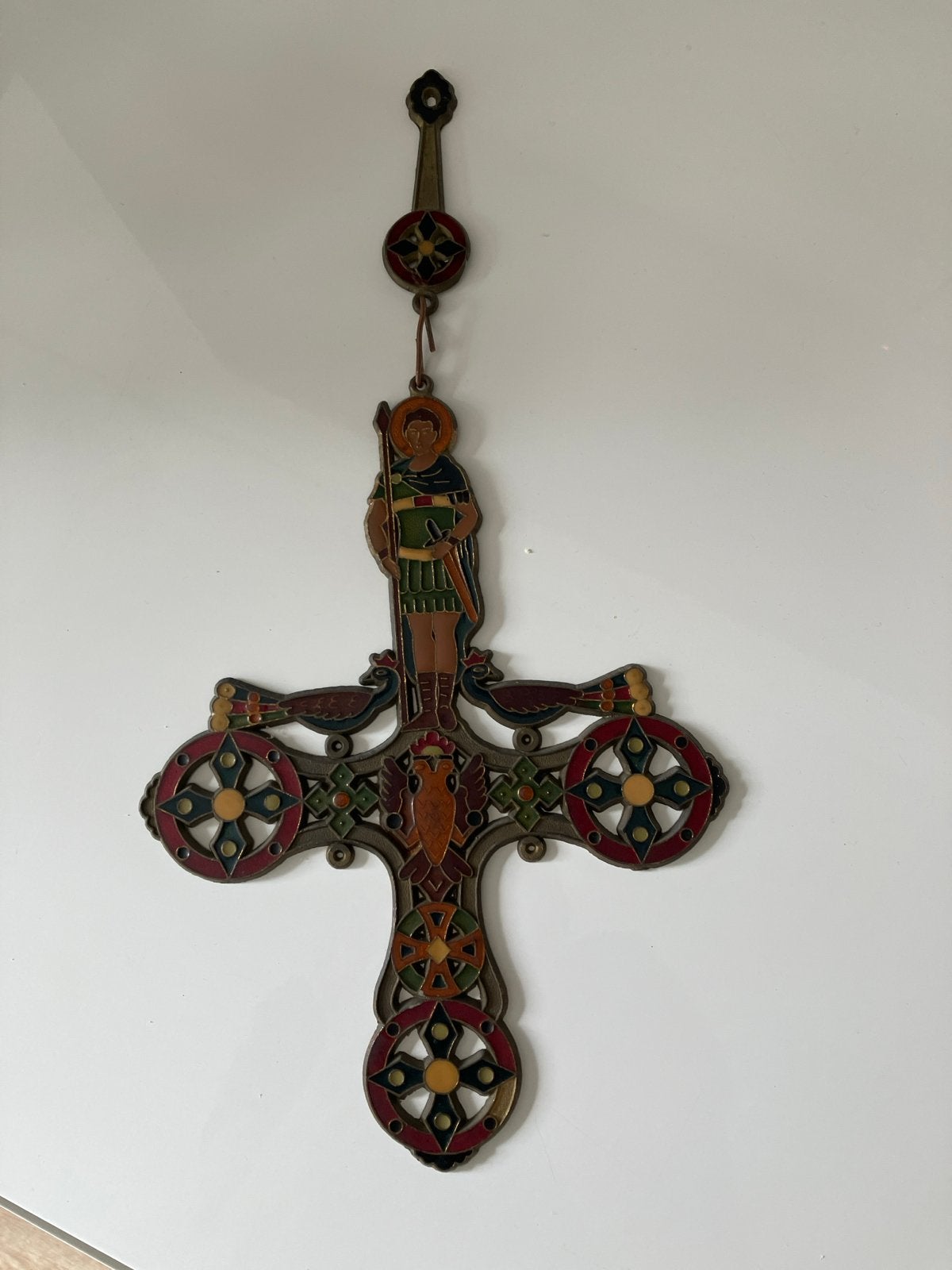 Bronzen Grieks Kruis met Heilige en Emaille Decoratie, Ophalen of Verzenden