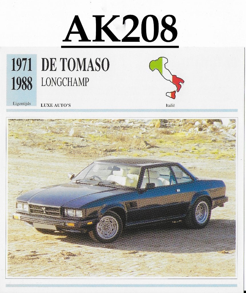 Ak208 autokaart de tomaso longchamp ( 1971- 1988 ), Ophalen of Verzenden, Zo goed als nieuw, Auto's