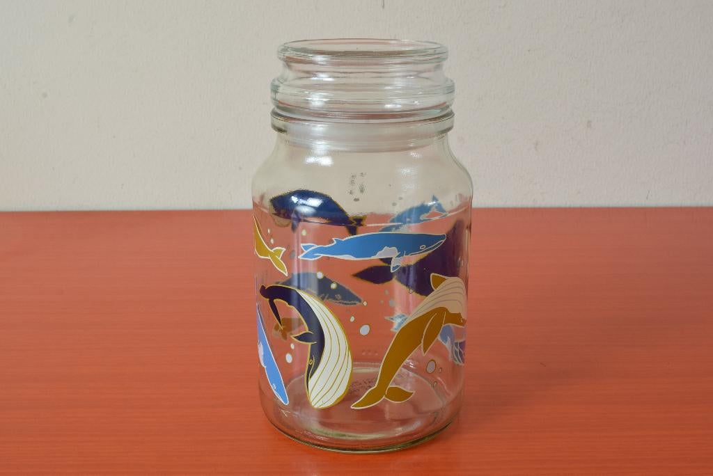 Retro vintage glazen voorraadpot / stolppot - Walvissen, Ophalen of Verzenden, Zo goed als nieuw, Glas, Pot, Bus of Blik