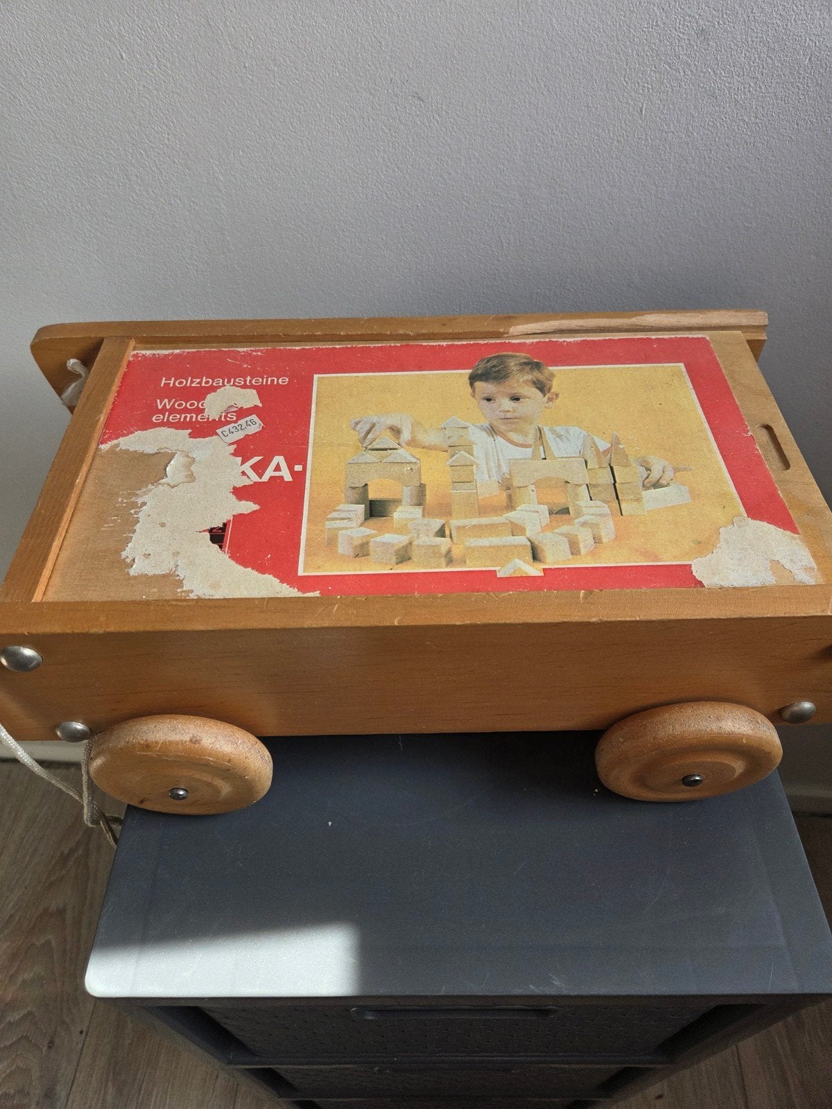 Vintage houten bouwblokken in trekkar - Educatief speelgoed, Ophalen, Gebruikt, Overige typen