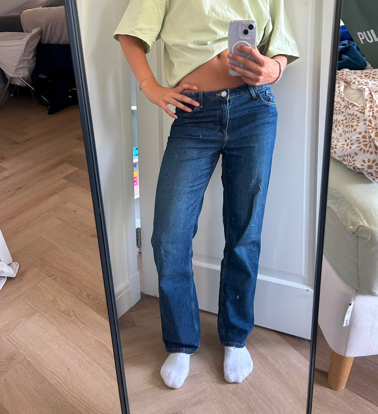 Donkerblauwe jeans straight leg H&M, Kinderen en Baby's, Kinderkleding | Maat 158, Ophalen, Zo goed als nieuw, Jongen of Meisje