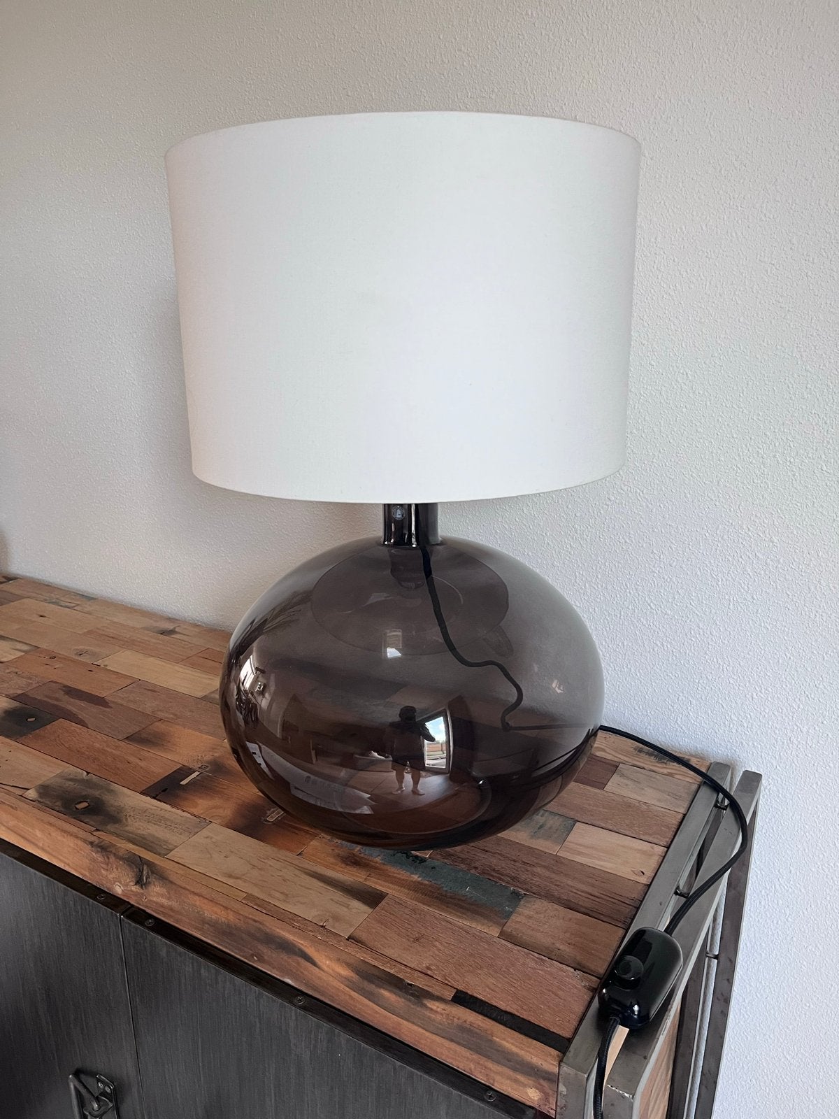 IKEA Ronde Glazen Tafellamp met Stoffen Kap - Dimbaar, Ophalen, Dimbaar, Gebruikt, Glas