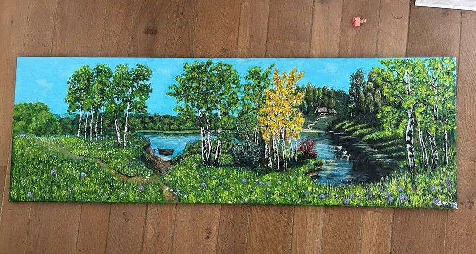 Schilderij Landschap met bomen en water - Acrylverf, Acrylverf, Doek, Realistisch, Ophalen of Verzenden