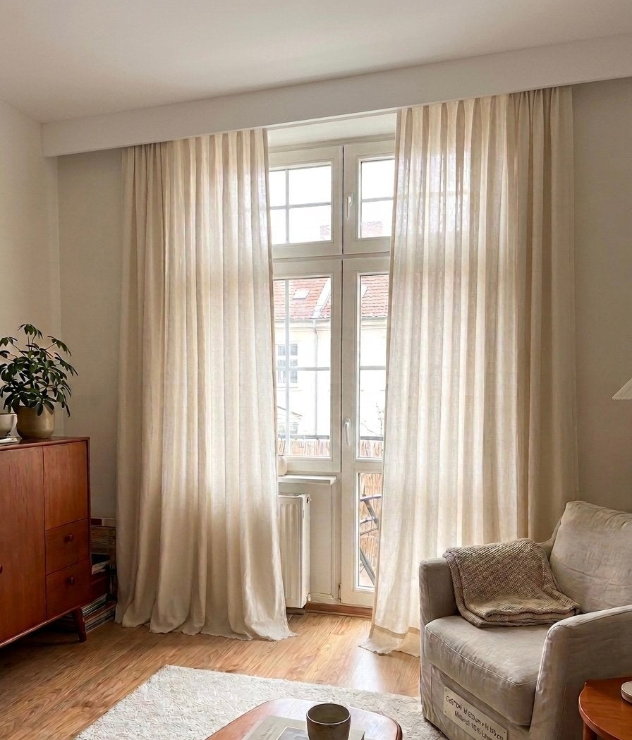 Lichtdoorlatende gordijnen - Beige/Crème - 2 stuks, 320 cm, Gebruikt, Beige, Ophalen of Verzenden