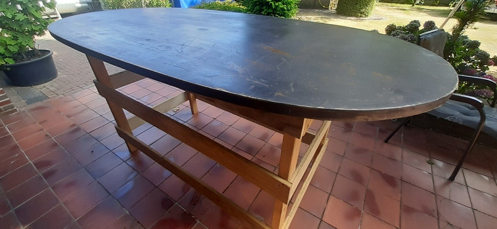 Houten hoge ovale statafel, Tuin en Terras, Tuintafels, Ophalen, Gebruikt, Ovaal, Hout