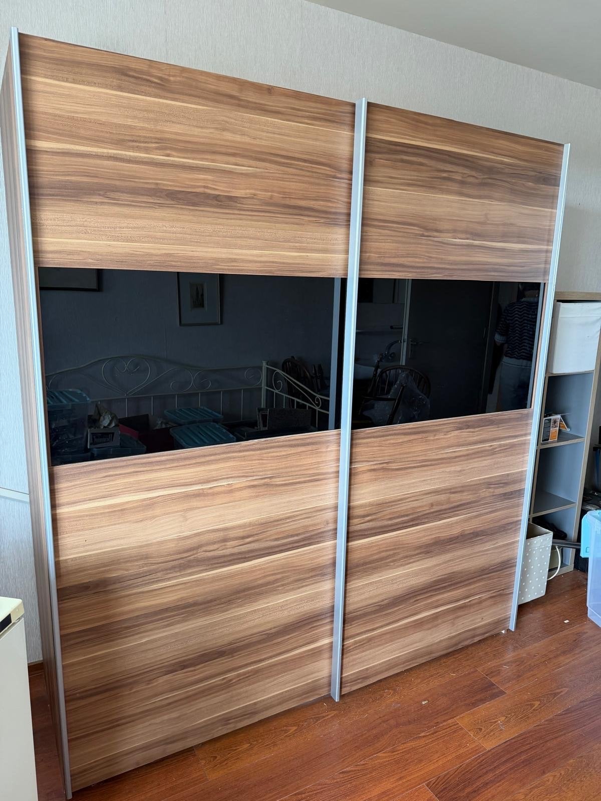 Kledingkast met schuifdeuren (hout en spiegel), Huis en Inrichting, Kasten | Kledingkasten, Ophalen, Gebruikt, 200 cm of meer