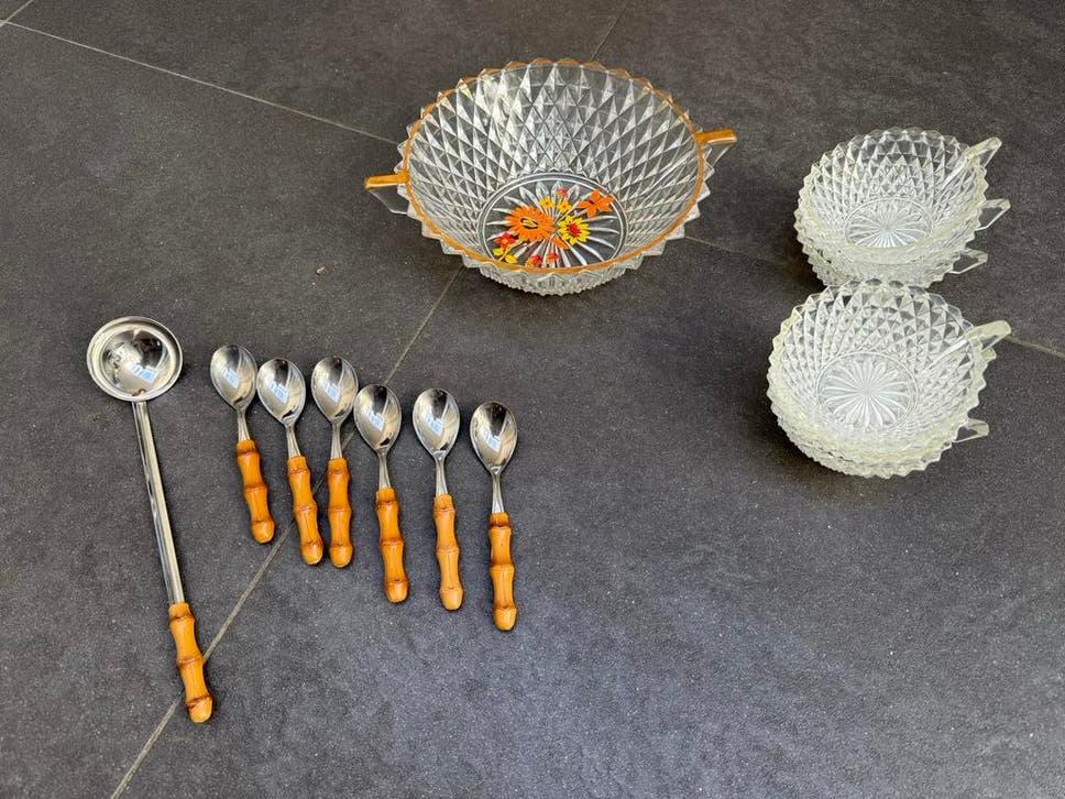 Vintage Glazen Kommenset met Bamboe look Lepels, Ophalen of Verzenden