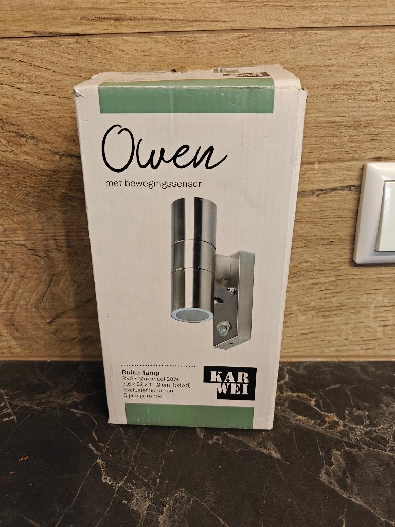 Owen (RVS) buitenlamp incl. sensor, Minder dan 50 watt, Wandlamp, Nieuw, Ophalen of Verzenden