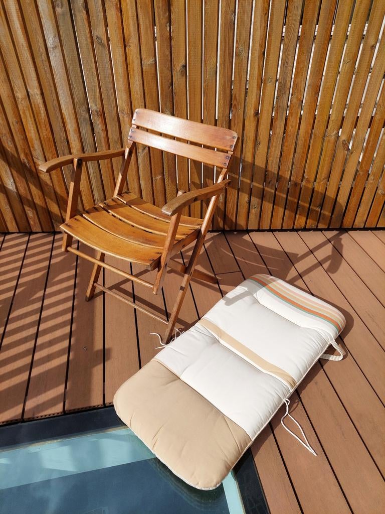 4 Antieke Houten inklapbare tuinstoelen met kussens, Ophalen, Gebruikt, Hout, Inklapbaar