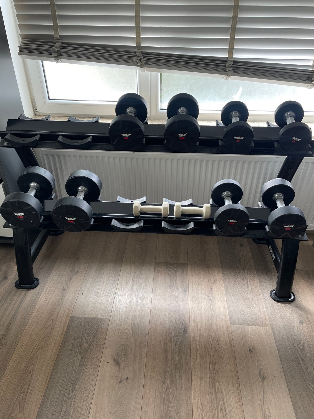 Taurus Fitness Dumbbell Set met Rek - 5kg tot 20kg, Ophalen, Zo goed als nieuw, Armen, Halterset