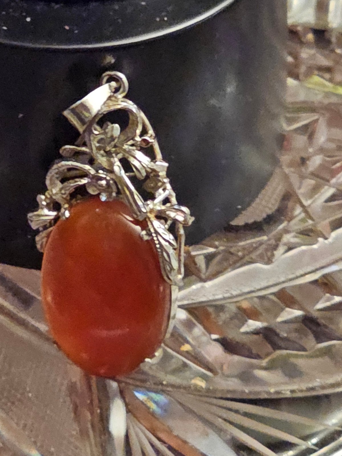 Vintage 925 karat zilveren hanger met Jemenitische carneool, Ophalen of Verzenden, Rood, Zilver