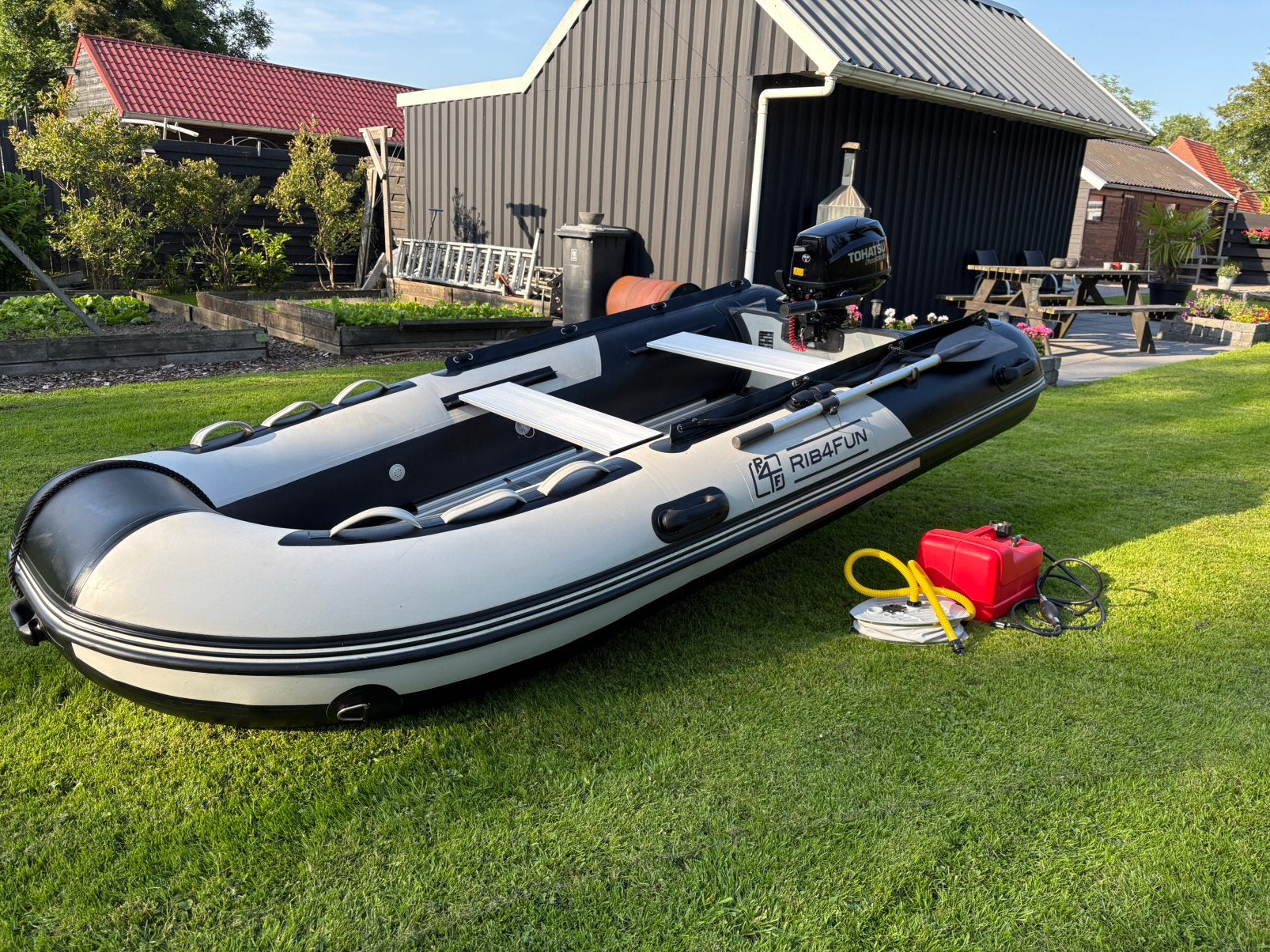 RIB4FUN 330 Rubberboot + TOHATSU 5 PK 4-STROKE, Watersport en Boten, Rubberboten, Ophalen, Gebruikt, Brandstoftank, Aluminium