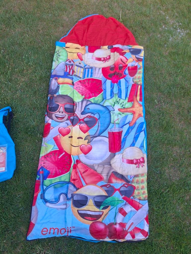Kinder slaapzak 70x140cm blauw met emoji's, Ophalen of Verzenden, Gebruikt