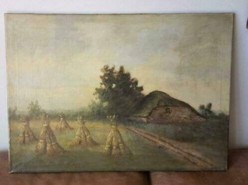 Olieverf boerderij met korenschoven v. Meren, Ophalen