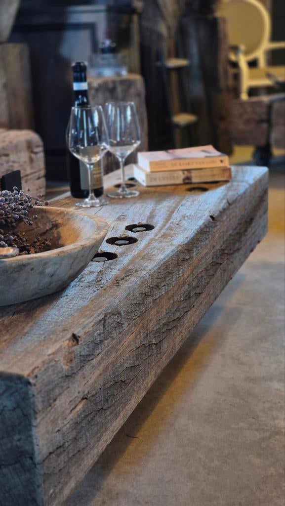 Robuuste salontafel van Azobe hardhout (oud brugdeel), Huis en Inrichting, Overige houtsoorten, Gebruikt, 100 tot 150 cm, Rustiek, Industrieel
