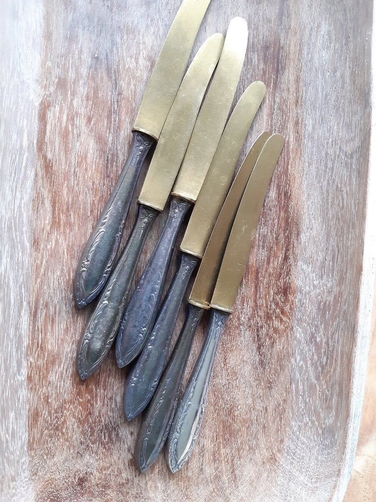 6 antiek brocante verzilverde messen hors d oevere, Ophalen of Verzenden
