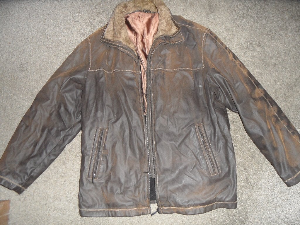 In redelijke staat: heren winterjack, leatherlook, maat 56, Kleding | Heren, Ophalen of Verzenden, Gedragen, Maat 56/58 (XL), Bruin
