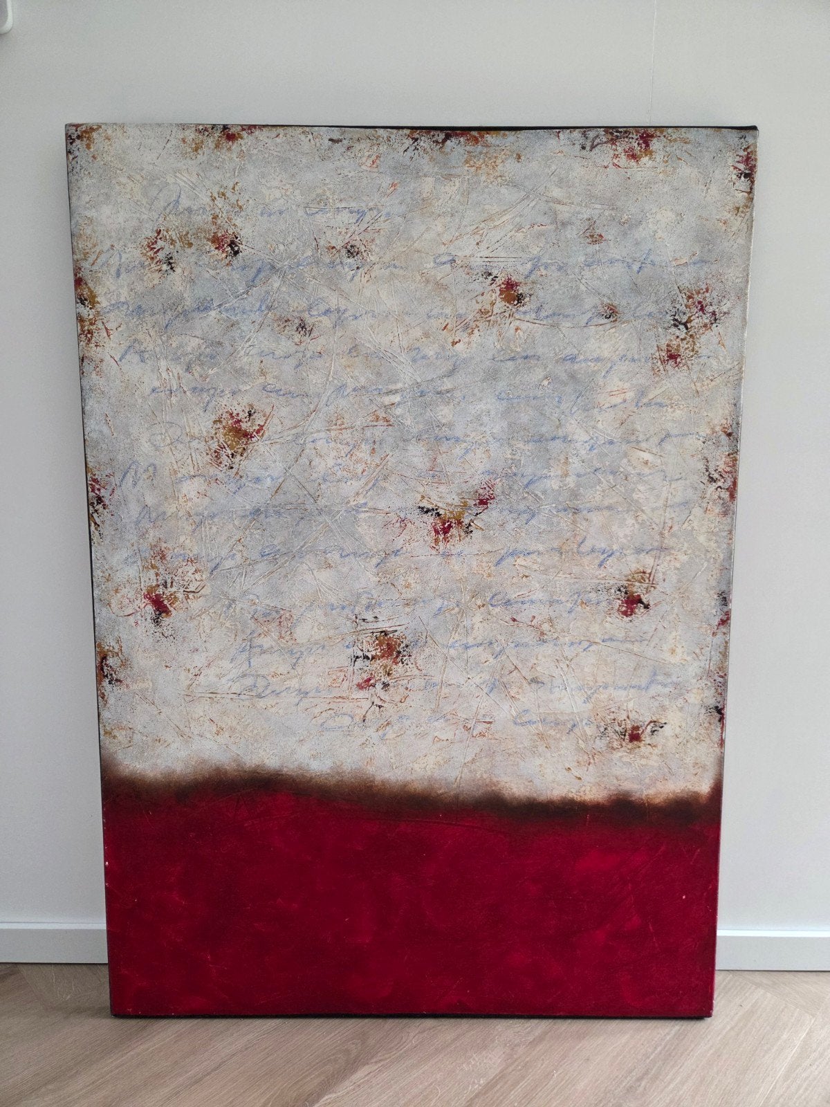 Abstract schilderij rood en wit - 140x100 cm, Ophalen