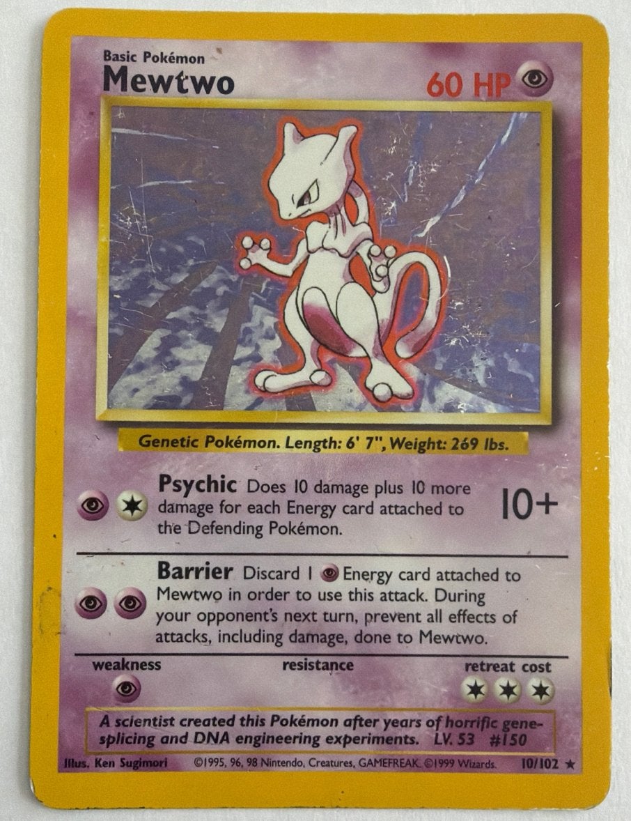 Mewtwo Holo 10/102 - Base Set (1999) - Vintage Played/Good, Ophalen of Verzenden, Gebruikt, Losse kaart, Foil