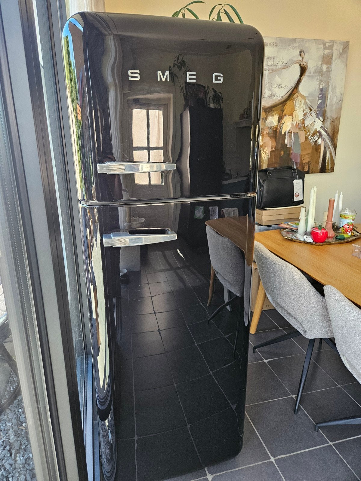 SMEG design koelvriescombinatie hoogglans zwart, Ophalen, Gebruikt, 200 liter of meer, 60 cm of meer