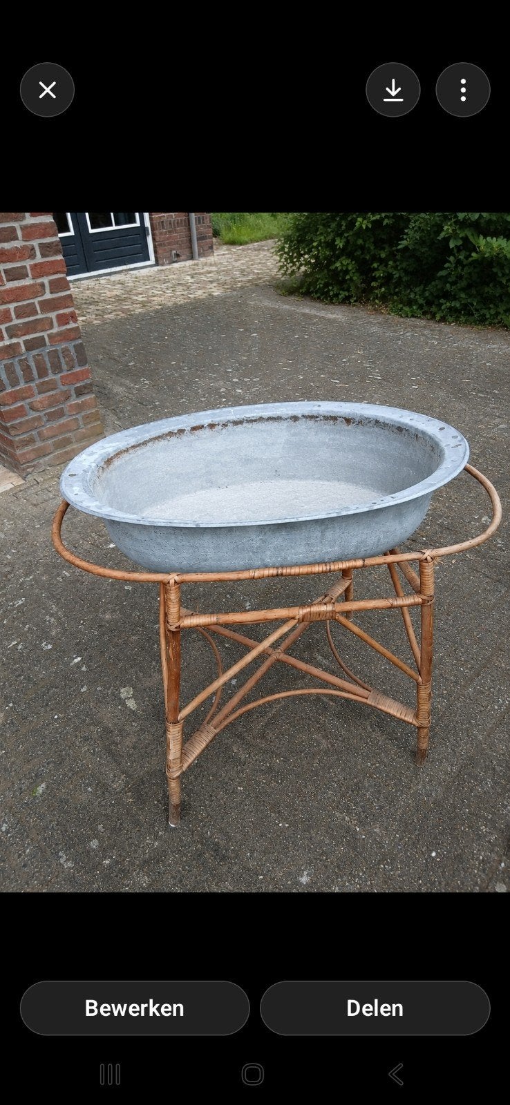Zinken teil op rotan standaard - Vintage wasbak/plantenbak, Ophalen