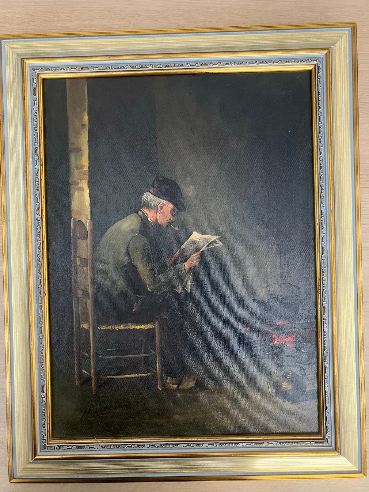 Schilderij olieverf op doek lezende oude man bij haartvuur, Antiek en Kunst, Kunst | Schilderijen | Klassiek, Ophalen of Verzenden