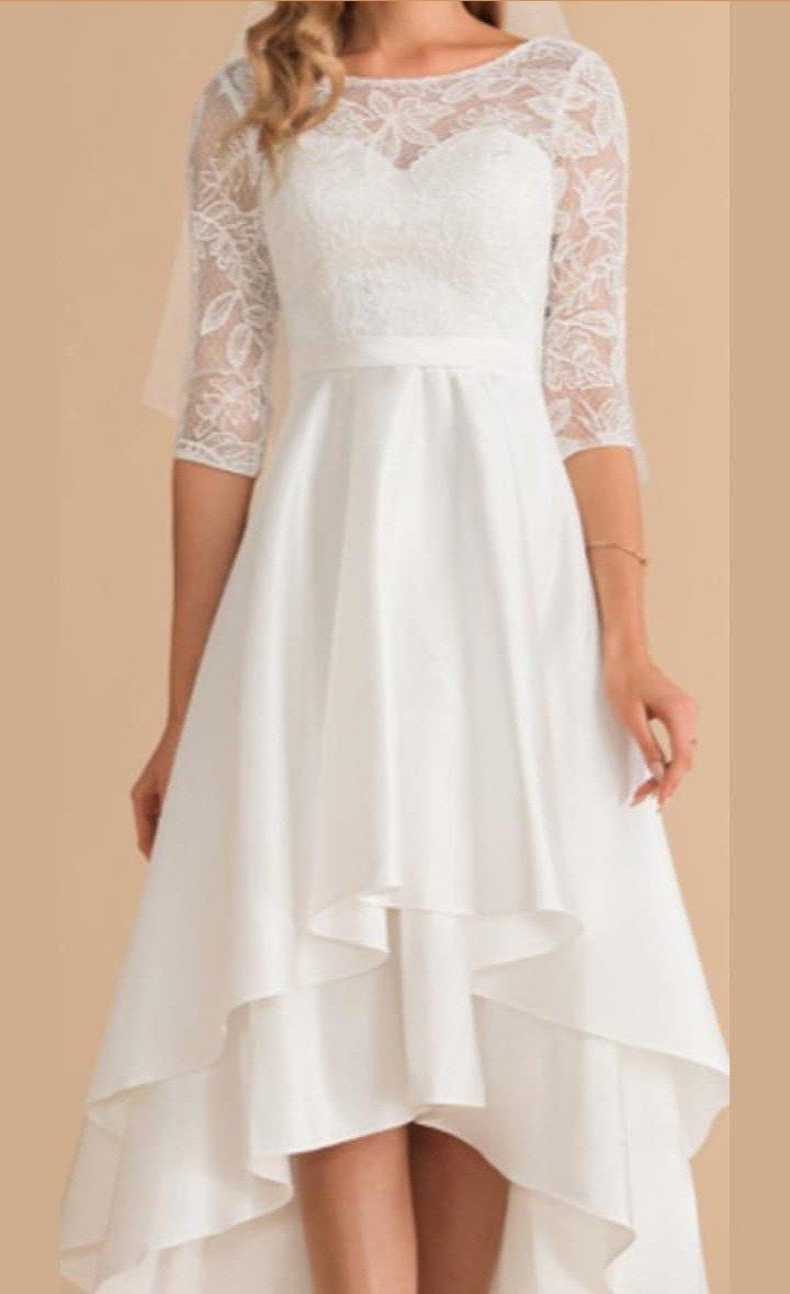 Elegante trouwjurk maat 38 met korte voorkant en kant, Ophalen of Verzenden, Zo goed als nieuw, Wit, Trouwjurk